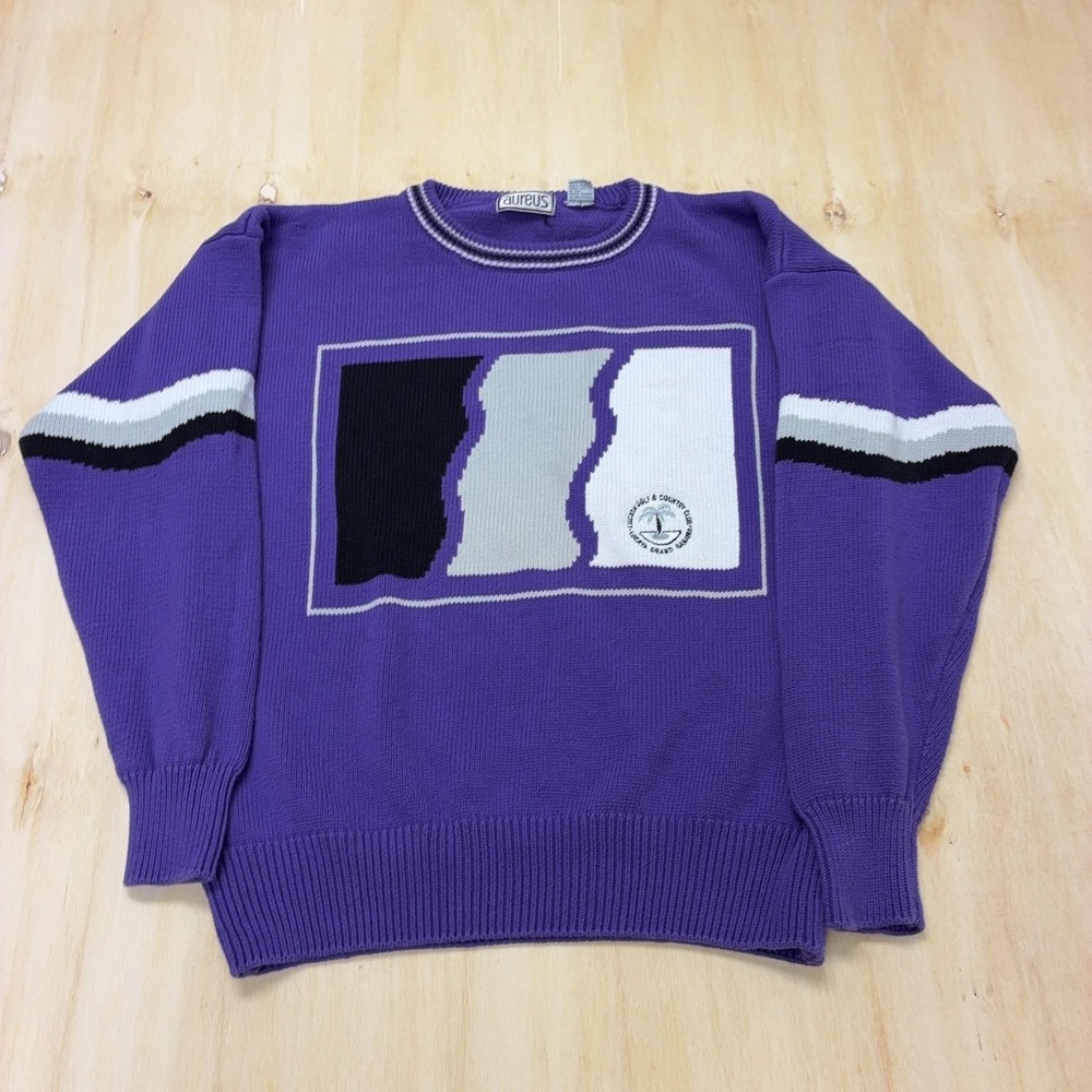 Vintage Aureus Sweater Mens XL Purple Tight Knit Crewneck Golf Pullover Casual